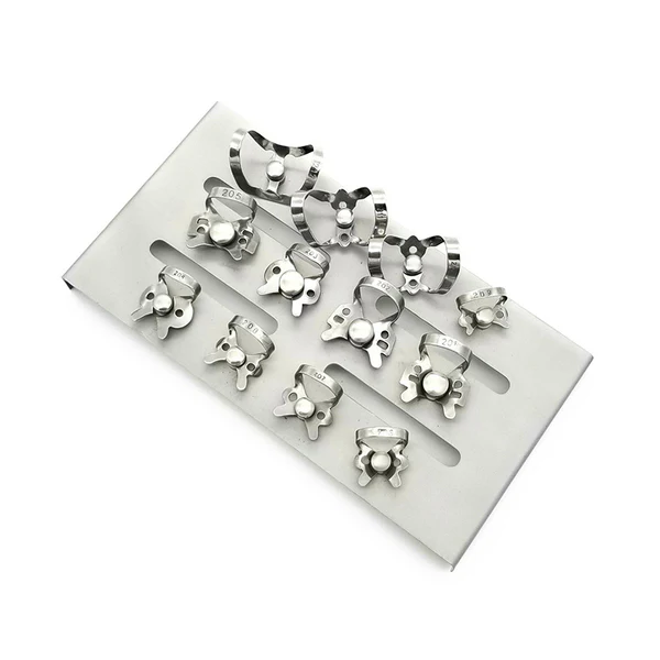 Rubber Dam Clamps with Organizer Rack Silver Chrome Set of 12